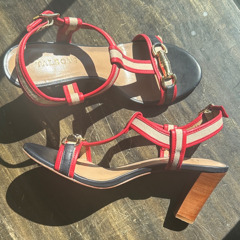 Talbots Red, Black & Cream Strappy Block Heels Sandals, 7.5